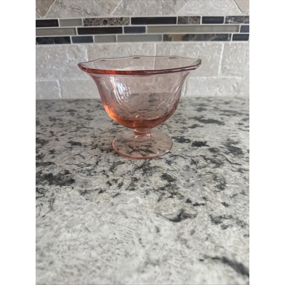 Vintage Etched Rose Pink Depression Glass Creamer/Sugar, Candy Set 1920's 1930's
